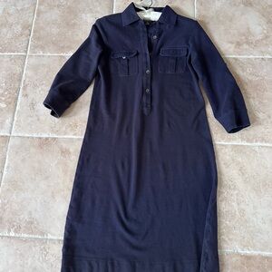 Lands' End Navy Blue Button-Down Shirt Dress w/ Front Pockets Roll-tab Sleeves
